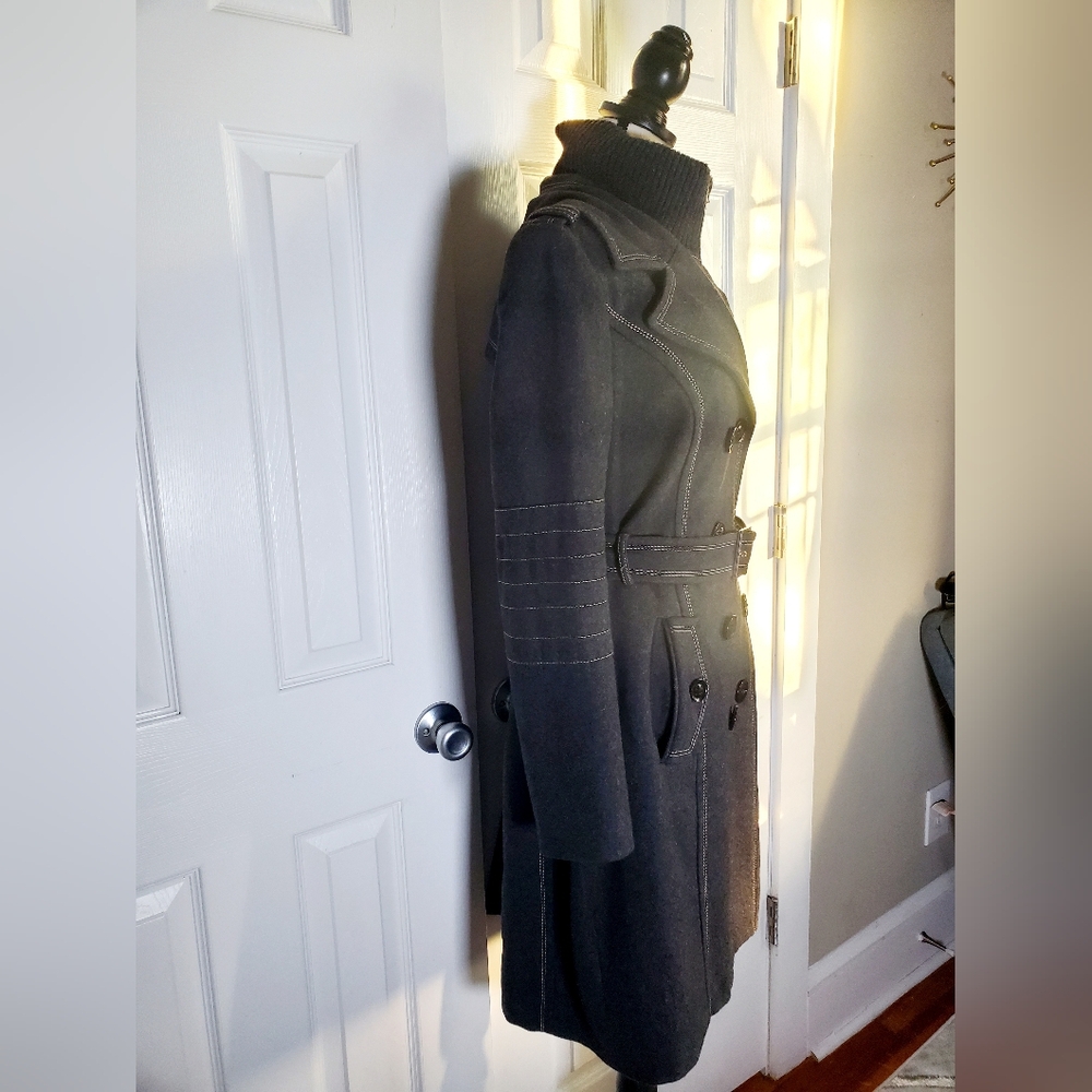 Miss Sixty Gray Wool Blend Belted Womens Coat With Ribbed Bib Collar - Picture 5 of 15